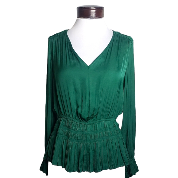 Cathrine Malandrino Airflow V-Neck Peplum Waist Blouse Emerald Green Sz: Small - Picture 2 of 11